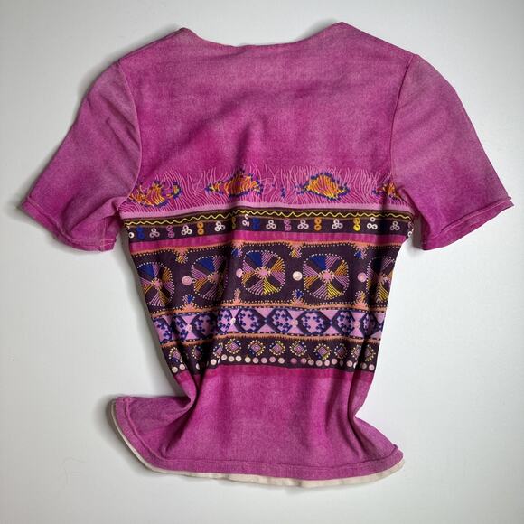 OGIRL Pink Mesh Ethnic Print Double Layer Top Sz XS Y2K Retro Indie Fairycore - Picture 4 of 8